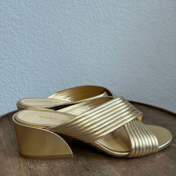 Marion Parke Soft Gold Leather Izzy Criss-Cross Block Heel Sandals Women's 37 US - Picture 7 of 13